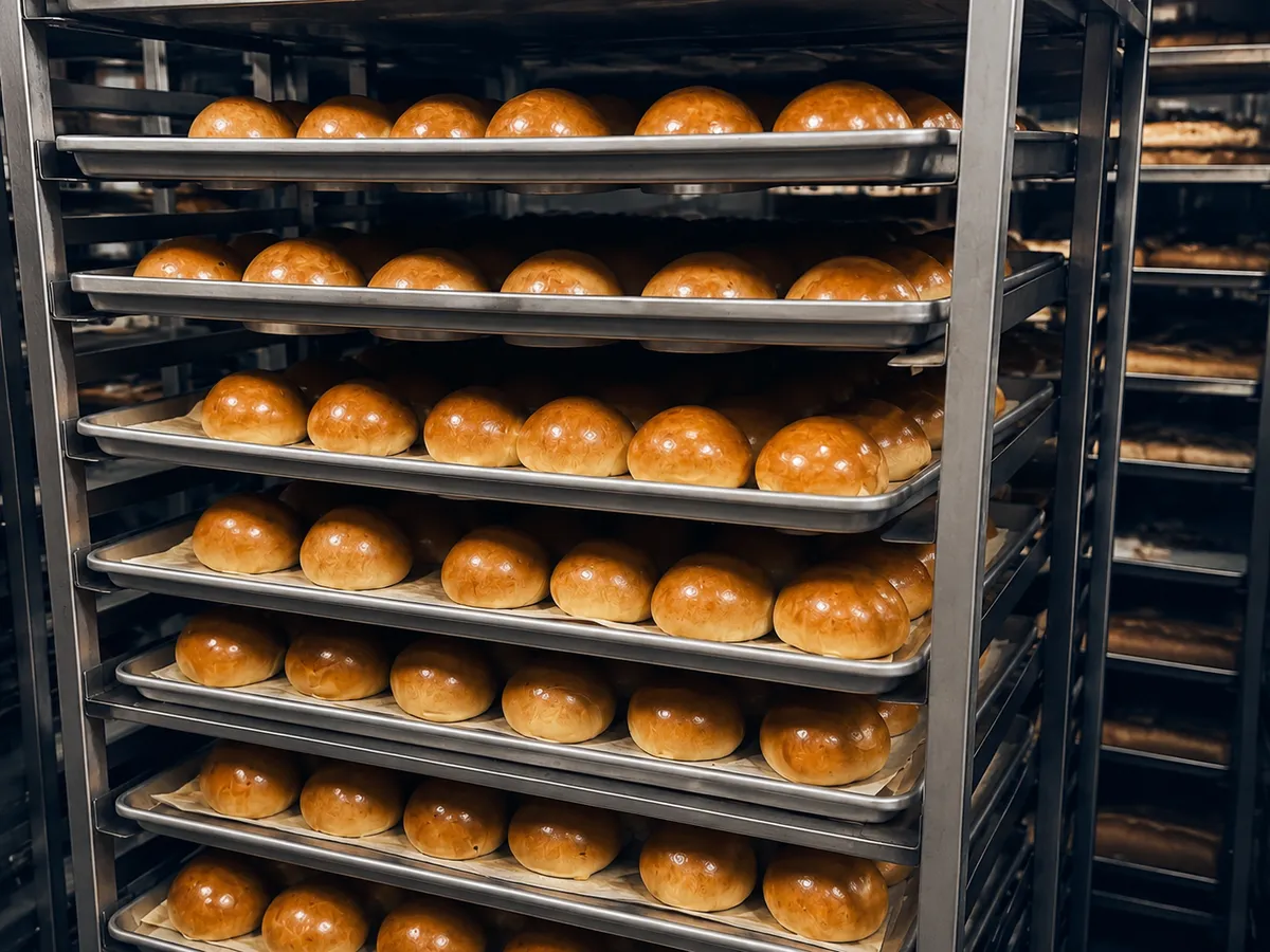 Freshly baked bread on bakery racks at Bosch Baking Co.