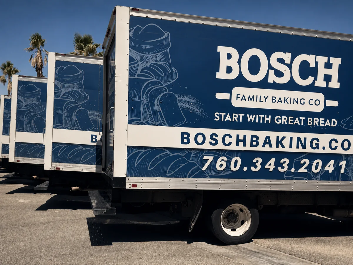 Bosch Baking Co. delivery trucks outside the bakery